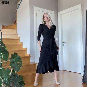 Solid Midi Dress, Longsleeve Dress, Boho Casual Wrap Dress,  Black size：m